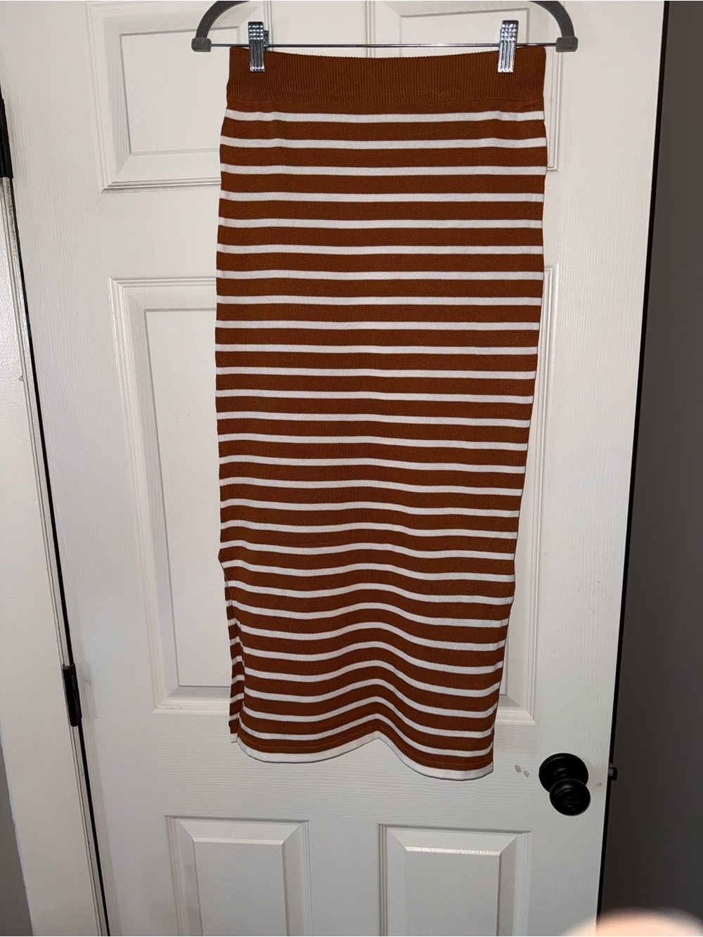 Striped Brown and White Knit Midi Skirt